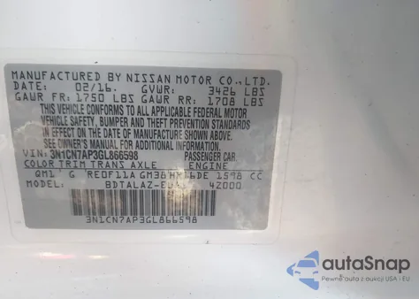 2016 Nissan Versa 1.6 S+ from USA, damaged, VIN 3N1CN7AP3GL866598